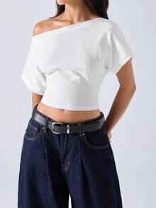 LYSMO Camiseta casual de mujer de manga corta tipo murciélago y corta de unicolor - Blanco - Ver 3