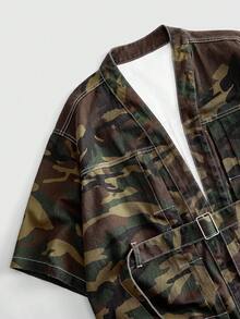 ROMWE MEN Men's Casual Fashion Street Camo Print Patchwork Pocket Buckle Belt Detail Denim Shirt, Summer - Army Green - View 3