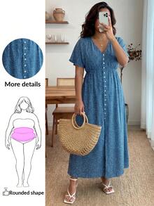 Enliva Vestido de talla grande con mangas tipo murciélago y estampado de lunares bohemio, outfit para mujer en verano - azul real - Ver 1