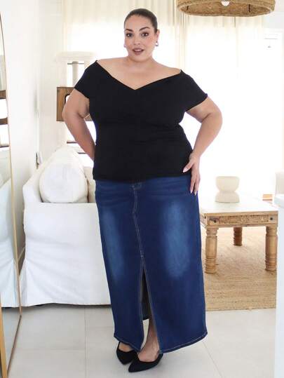 Pretty and Ole Áo thun ngắn tay trễ vai dáng ôm crop top màu đen phong cách cổ điển size lớn cho mùa hè, áo mặc đi chơi casual