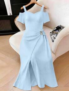 Elenzga Plus Size Solid Color Short Sleeve Dress With Thigh-High Slit And Metal Decor - Baby Blue - View 3