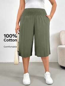 SHEIN Essnce Quần short vải lanh đen ống rộng, thoải mái, thoáng mát, dễ chịu cho nữ cỡ lớn, thích hợp mặc hàng ngày vào mùa xuân và hè. Kiểu dáng đơn giản, quần ống rộng, quần vải lanh nữ, trang phục đi nghỉ mát. - Màu xanh Ô liu - Xem 1