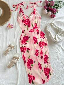 FleurLily Romantic Date  Plus Size Women Rose Print Spaghetti Strap Split Hem Dress, Elegant For Summer - Pink - View 2