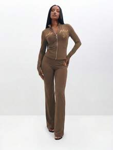 BABYPHAT Long Sleeve Zip-Up Top With Script Logo And Cat Icon Front Print - Chocolate Brown - View 2