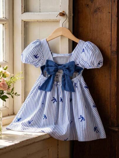 SHEIN Baby Girl Woven Striped Bow Decor Square Neck Petal Sleeve Casual Dress