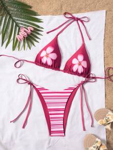 Swim SXY 两件套，夏季紫红色花卉印花双面三角挂脖系带露背性感可爱女士沙滩派对热带比基尼泳装 - 彩色 - 查看 6