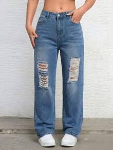 Jean mezclilla corte mom tiro alto recto cierre inferior - Denim Clásico Intenso - Ver 2
