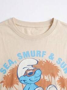 SHEIN X The Smurfs 大码女式圆领卡通字母印花休闲百搭日常T恤 - 卡其色 - 查看 3