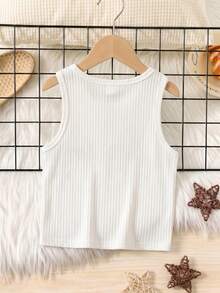 SHEIN Tween Girl Casual Everyday Versatile Comfortable Solid Color Sleeveless Fitted Knit Tank Top, Tween Girl - White - View 2