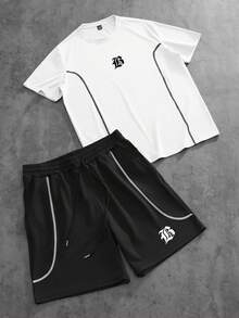 PAVTROS Men's Letter Print Round Neck Short Sleeve T-Shirt And Drawstring Waist Shorts Casual Set - Multicolor - View 3