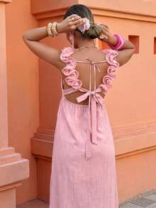 SHEIN PariChic Đầm maxi nữ thời trang, thanh lịch, in hoa, chất liệu mềm mại, kiểu dáng thường ngày. - Hồng - Xem 3