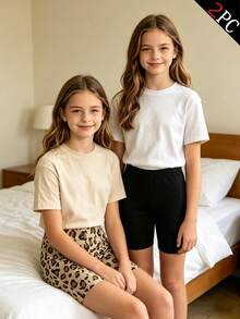 2 sets de leggings para niñas, incluye diseños versátiles de estampado de leopardo clásico y negro sólido, hechos de tela de punto de poliéster suave y amigable con la piel con caída suave y ajuste cómodo, silueta ajustada, lavable a máquina - Multicolor - Ver 4