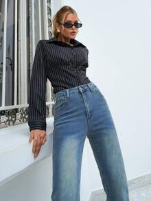 Sandy Gomes Jeans acampanados con lavado de agua para mujeres - Azul - Ver 6