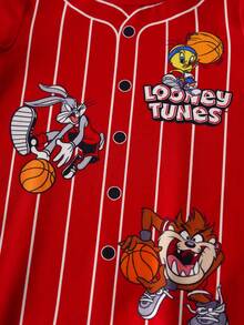 LOONEY TUNES X SHEIN Áo liền quần tay ngắn cổ tròn in hình hoạt hình cho bé trai - Đỏ - Xem 5