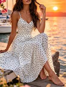 SHEIN LUNE French Retro Tropical Polka Dot V-Neck Adjustable Strap Ruched Flared Dress For Women Vacation White With Black Polka Dots Summer - Multicolor - View 1