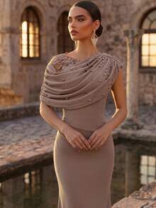 Aureia Elegant Elastic Knit Contrast Mesh Mermaid Hem Dress,Luxurious Asymmetric Ruffled Shoulder With Floral Applique,Beaded & Rhinestone For Evening Party - Dusty Pink - View 1