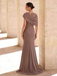 Aureia Elegant Elastic Knit Contrast Mesh Mermaid Hem Dress,Luxurious Asymmetric Ruffled Shoulder With Floral Applique,Beaded & Rhinestone For Evening Party - Dusty Pink - View 2