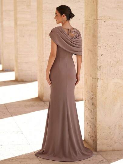 Aureia Elegant Elastic Knit Contrast Mesh Mermaid Hem Dress,Luxurious Asymmetric Ruffled Shoulder With Floral Applique,Beaded & Rhinestone For Evening Party