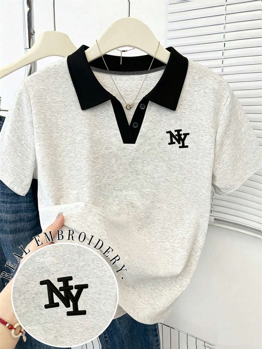 Resyla Camiseta de manga corta de uso diario versátil y casual con bloque de color y patrón de letras para mujer - Gris Claro - Ver 1