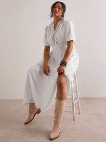 Freevana Vestido maxi elegante de manga corta con cuello con muesca y ribete de encaje, color blanco sólido, adecuado para uso diario y vacaciones, primavera/verano, talla grande para mujer - Blanco - Ver 6