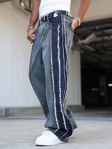 Manfinity EMRG Men's American Fashion Street Casual Street Wear Distressed Loose Fit Washed Denim Jeans Back-To-School Graduation Navy Blue Summer - Blue - View 8