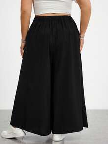 SHEIN CURVE+ 大码女装春夏时尚休闲宽松舒适日常百搭修身弹力腰褶裥杏色裤/裙，大码女装下装，夏季套装，工作裤，简约风格，大码杏色阔腿裤 - 黑色 - 查看 3