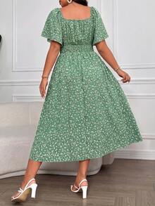 Vionelle Plus Size Women's Ditsy Floral Print Square Collar Buttoned Dress Maxi Women Outfit - Green - View 2