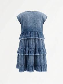 EMERY ROSE Mature Denim 女士休闲牛仔连衣裙，饰有毛边荷叶边，V领无袖 - 藍色 - 查看 2