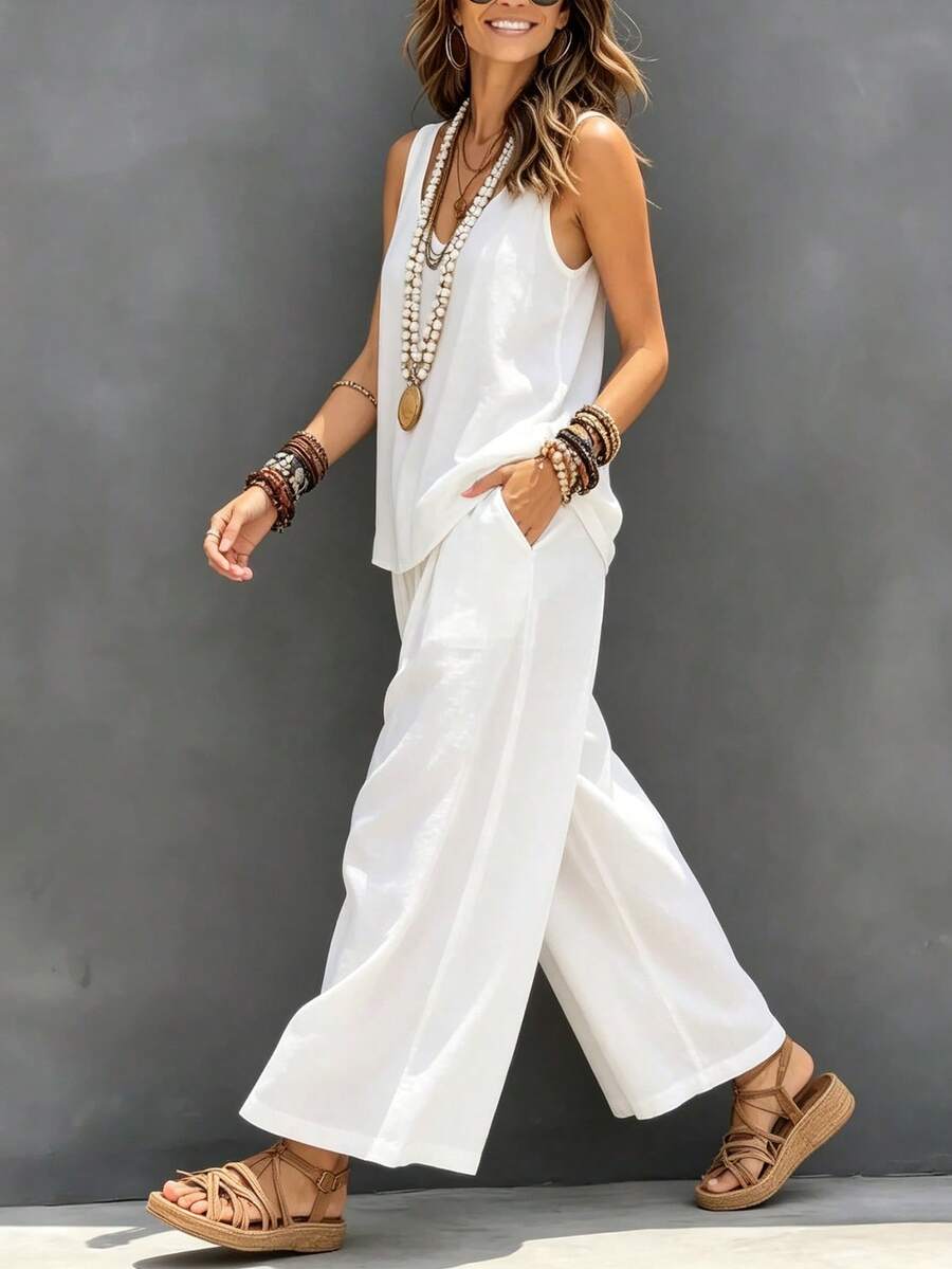 SHEIN Holidaya 两件套女士休闲圆领背心+阔腿裤纯白色套装 - 白色 - 查看 1