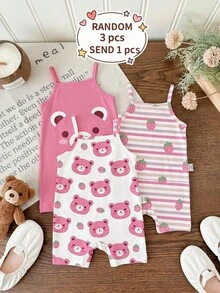 Bộ áo liền quần cho bé gái in hình gấu hồng và dâu tây phối màu dễ thương, thích hợp cho mùa xuân/hè, trang phục hè đáng yêu, đồ hè cho trẻ em, phong cách Hàn Quốc, thoải mái dễ chịu, thời trang trẻ em, Y2K, Kawaii, dự tiệc, mặc hàng ngày, đi nghỉ mát, dễ thương, thoải mái, phong cách Cottagecore, mặc thường ngày cuối tuần, đi chơi gia đình, trang phục chụp ảnh. - Nhiều màu - Xem 8