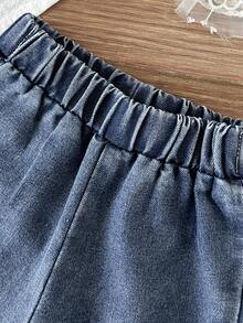 SHEIN 女嬰 Peter Pan 領牛仔短袖上衣與寬腿褲 2 件套 藍色 夏季可愛 Daddy's Girl - 藍色 - 查看 5