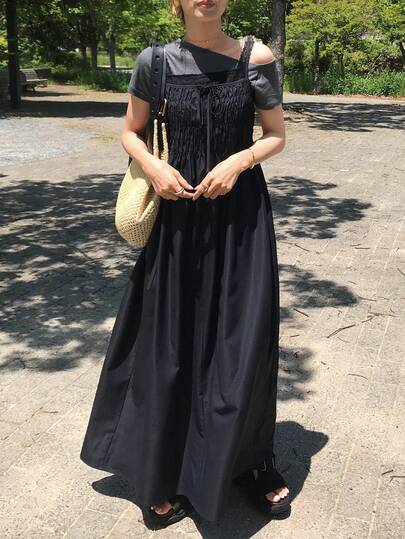FRIFUL Women's Solid Color Pleated Front Tie Strap Dress