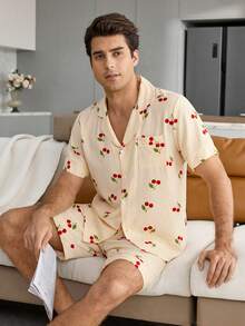 CoupledUp Striped Cherry Print Lapel Short Sleeve Shorts Men's Pajama Set - Yellow - View 5