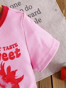 Set 2pcs/Set Kaos Kasual Rajut Warna Polos Kerah Bulat dan Celana Pendek Kotak-kotak untuk Anak Perempuan, - Merah - View 6