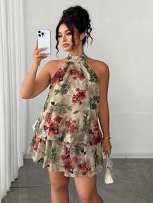 Elenzga Plus Size Women's Elegant Beige Summer Boho Vacation Holiday Chiffon Jacquard Double-Layer Sleeveless Bubble Hem Dress With Tie For Party Wedding - Apricot - View 7