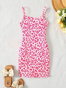 Váy mini hai dây dệt kim họa tiết da báo màu hồng fuchsia thời trang cho bé gái - Hồng - Xem 5