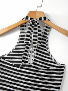 SHEIN LUNE Women's Summer Casual Sexy Black And White Striped Halter Neck Hollow Out Knit Bodycon Mini Dress Goin Out Beach - Black and White - View 7