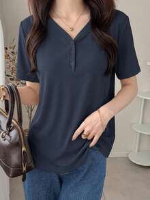Dazy-Less Solid Color Rib Knit V-Neck Short Sleeve T-Shirt Old Money Style Summer Business Casual Woman Work Clothes - Navy Blue - View 6