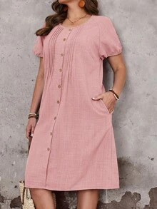 EMERY One Size Solid Color Button Front Casual Summer Dress - Bright Red - View 6