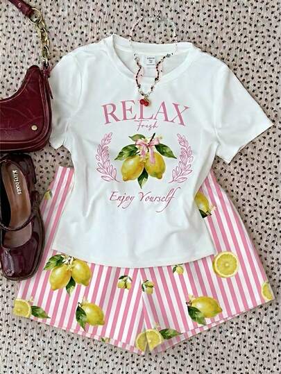 2pcs/Set Teen Girl Casual Loose Round Neck Short Sleeve T-Shirt And Shorts, Suitable For Spring And Summer