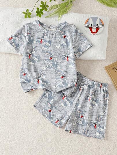 LOONEY TUNES X SHEIN Cartoon Print Short Sleeve Top And Shorts Pajama Set For Boys