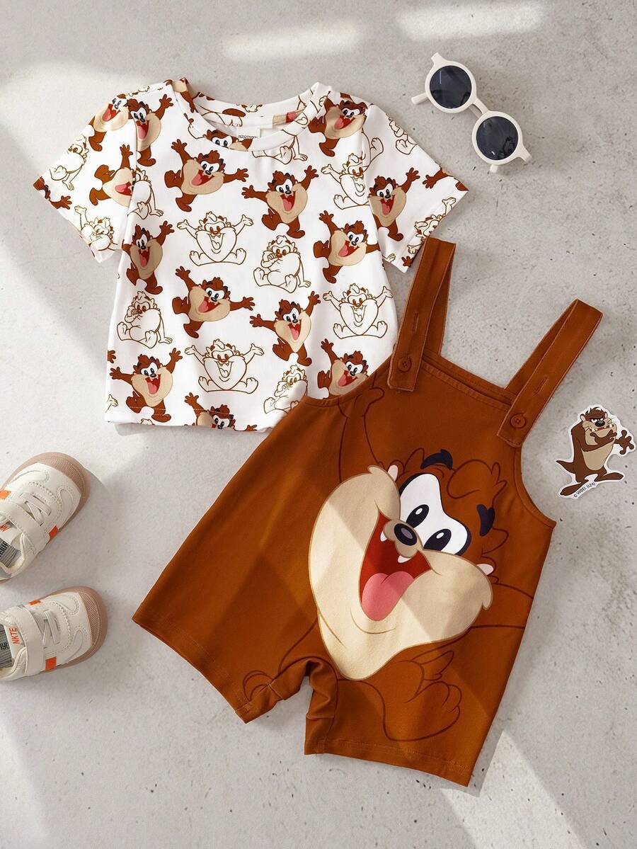 LOONEY TUNES X SHEIN Bộ áo thun và áo liền quần ngắn tay cổ tròn họa tiết hoạt hình dễ thương cho bé trai mùa hè. - Nhiều màu - Xem 1