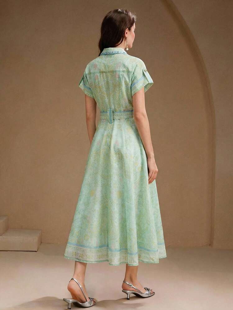 Spring/Summer Elegant Green Rhinestone Collar Short Sleeve Tie Waist Midi Vacation Dress For Women