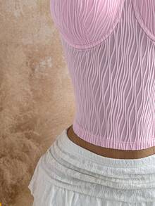 Soleia Plus Size Women's Baby Pink Elegant Sexy Summer Holiday Molded Cup Shell Bra Pearl Strap Camisole Top,Supportive Gathered Vacation Boho Style Vacation - Baby Pink - View 10