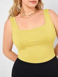 SHEIN BASICS 大码夏季纯色百搭方领修身吊带衫 - 黃色 - 查看 4