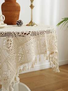 Cirelle 1pc Boho Crochet Round Tablecloth, Vintage Knit Hollow Out Table Cover With Tassels, Rustic Macrame Tablecloth For Dining Room, Kitchen, Cafe Decor - Beige - View 12