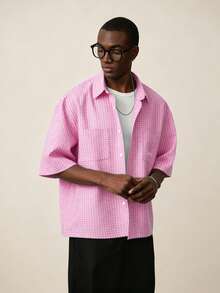 STYNVO Men's Plaid Short Sleeve Single-Breasted Casual Streetwear Shirt City Break Pink And White Summer - Pink - View 5