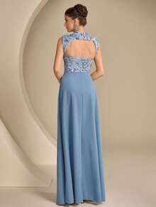 Coutiva Women's Floral Sequin Hollow-Out Formal Evening Gown,Elegant High-End Sleeveless Luxury Party Dress For Wedding,Graduation Ceremony & Ball Ceremony - Dusty Blue - View 2