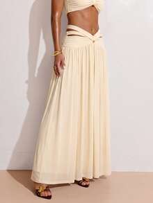 SHEIN BAE Chân váy maxi nữ kiểu dáng bất đối xứng, trang trí kim loại, thích hợp cho kỳ nghỉ thường ngày, ngày Valentine, lễ hội âm nhạc, tụ họp bạn bè, màu đỏ nâu, đi biển. - Màu be - Xem 5