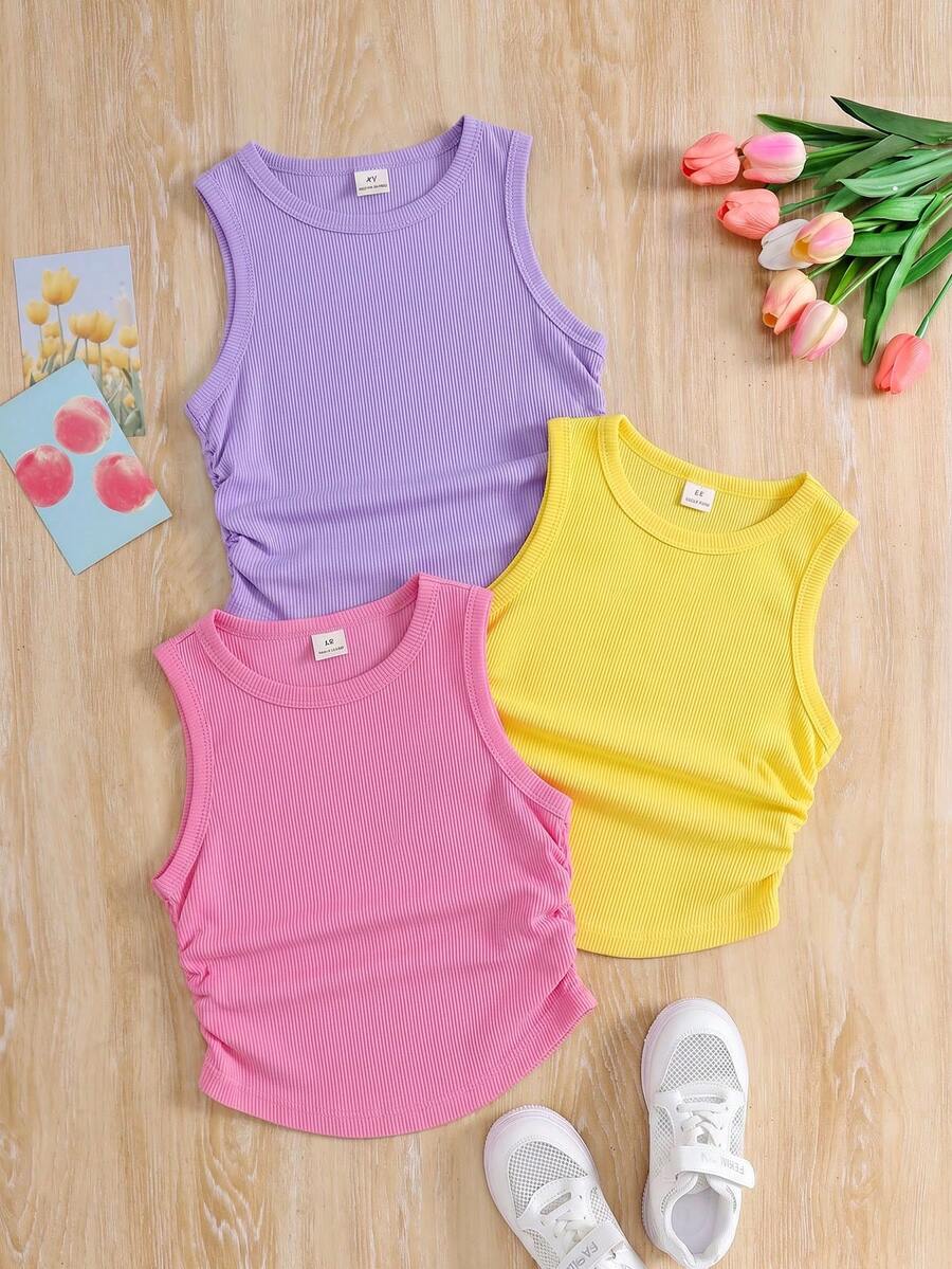 SHEIN 3件套少女针织纯色立领修身休闲短款背心套装 - 彩色 - 查看 1